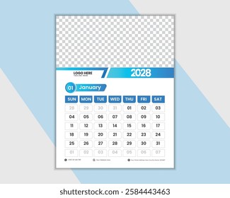 Calendar 2028. Letter format ready to print. Set Wall Calendar template design with Place for Photo. Set of 12 Months. Stationery design. Advertisement. Vector layout Pastel cover