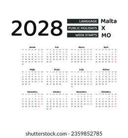 Calendar 2028 Maltese language with Malta public holidays. Week starts from Monday. Graphic design vector illustration.
