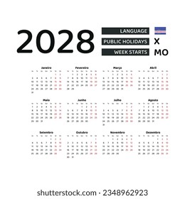 Calendar 2028 Portuguese language with Cape Verde public holidays. Week starts from Monday. Graphic design vector illustration.