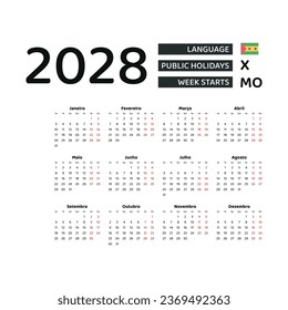 Calendar 2028 Portuguese language with Sao Tome and Principe public holidays. Week starts from Monday. Graphic design vector illustration.
