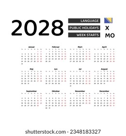 Calendar 2028 Serbian language with Bosnia and Herzegovina public holidays. Week starts from Monday. Graphic design vector illustration.