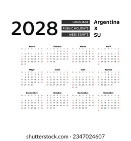 Calendar 2028 Spanish language with Argentina public holidays. Week starts from Sunday. Graphic design vector illustration.