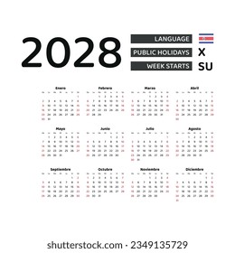 Calendar 2028 Spanish language with Costa Rica public holidays. Week starts from Sunday. Graphic design vector illustration.