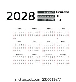 Calendar 2028 Spanish language with Ecuador public holidays. Week starts from Sunday. Graphic design vector illustration.