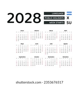 Calendar 2028 Spanish language with Honduras public holidays. Week starts from Sunday. Graphic design vector illustration.