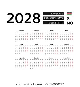 Calendar 2028 Swahili language with Kenya public holidays. Week starts from Monday. Graphic design vector illustration.