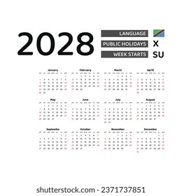 Calendar 2028 Swahili language with Tanzania public holidays. Week starts from Sunday. Graphic design vector illustration.