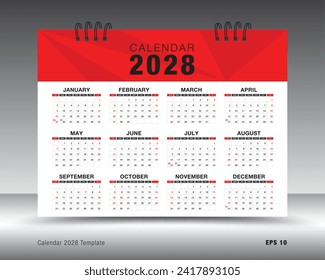 Calendar 2028 template, 12 months yearly calendar set in 2028 year, Desk calendar 2028 design, wall calendar, brochure flyer, print media, advertisement, Simple design, planner, poster, vector