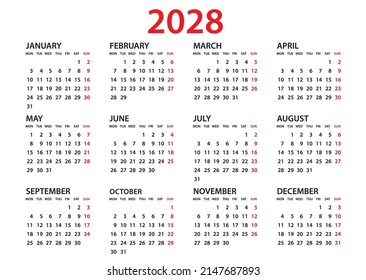 Plantilla de Calendario 2028, Planner 2028 año, plantilla de calendario de pared 2028, Semana Comienza Lunes, Juego de 12 calendarios, publicidad, impresión, organización y negocio, papel, simple mínimo.