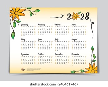 Calendar 2028 vector template yellow flowers design, Yearly calendar organizer for weeks, Week starts on sunday, Set of 12 months, wall calendar 2028 year, poster, flyer, printing vector illustration