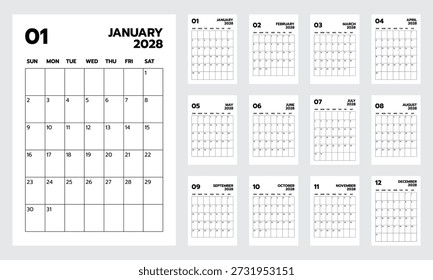 Kalender 2028 vertikale Größe A4 Vorlage modernes Vektordesign. Die Woche beginnt am Sonntag.
