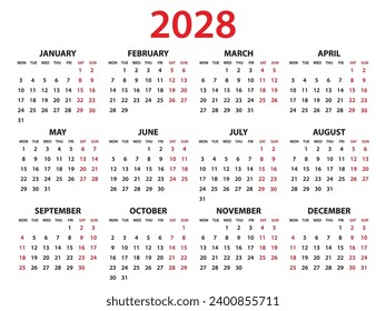 Ilustración vectorial de Calendario 2028 años, Conjunto de 12 calendarios, semana comienza el lunes, plantilla de planificador simple, calendario de escritorio 2028 año, plantilla de calendario de pared 2028, medios de impresión, plantilla corporativa