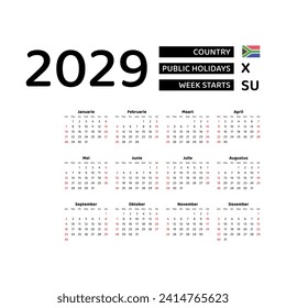 Calendar 2029 Afrikaans language with South Africa public holidays. Week starts from Sunday. Graphic design vector illustration..