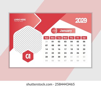 Calendar 2029. Desk format ready to print. Set Desk Calendar template design with Place for Photo. Set of 12 Months. Stationery design. Advertisement. Vector layout Pastel cover