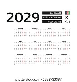 Calendar 2029 English language with Afghanistan public holidays. Week starts from Sunday. Graphic design vector illustration.