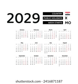 Calendar 2029 English language with Iraq public holidays. Week starts from Monday. Graphic design vector illustration..