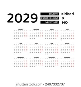 Calendar 2029 English language with Kiribati public holidays. Week starts from Monday. Graphic design vector illustration.