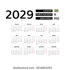 Calendar 2029 English language with Mauritania public holidays. Week starts from Monday. Graphic design vector illustration.