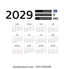 Calendar 2029 English language with Nauru public holidays. Week starts from Monday. Graphic design vector illustration.