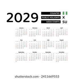 Calendar 2029 English language with Nigeria public holidays. Week starts from Sunday. Graphic design vector illustration.