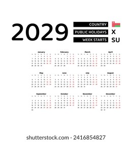Calendar 2029 English language with Oman public holidays. Week starts from Sunday. Graphic design vector illustration.