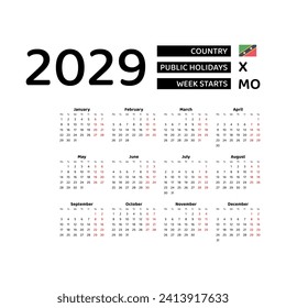 Calendar 2029 English language with Saint Kitts and Nevis public holidays. Week starts from Monday. Graphic design vector illustration..