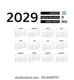 Calendar 2029 English language with Sierra Leone public holidays. Week starts from Monday. Graphic design vector illustration.