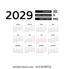 Calendar 2029 English language with Swaziland public holidays. Week starts from Monday. Graphic design vector illustration.