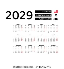 Calendar 2029 English language with Tonga public holidays. Week starts from Monday. Graphic design vector illustration.