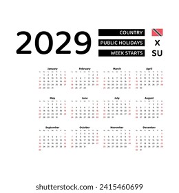 Calendar 2029 English language with Trinidad and Tobago public holidays. Week starts from Sunday. Graphic design vector illustration..