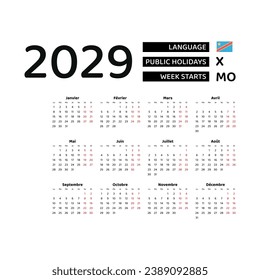 Calendar 2029 French language with Democratic Republic of the Congo public holidays. Week starts from Monday. Graphic design vector illustration.