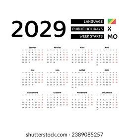 Calendar 2029 French language with Republic of the Congo public holidays. Week starts from Monday. Graphic design vector illustration.