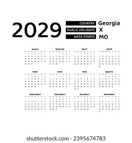 Calendar 2029 Georgian language with Georgia public holidays. Week starts from Monday. Graphic design vector illustration.