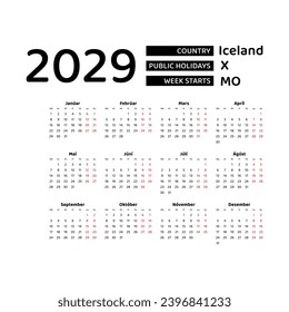 Calendar 2029 Icelandic language with Iceland public holidays. Week starts from Monday. Graphic design vector illustration.