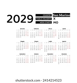 Calendar 2029 Italian language with San Marino public holidays. Week starts from Monday. Graphic design vector illustration.