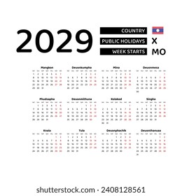 Calendar 2029 Lao language with Laos public holidays. Week starts from Monday. Graphic design vector illustration.