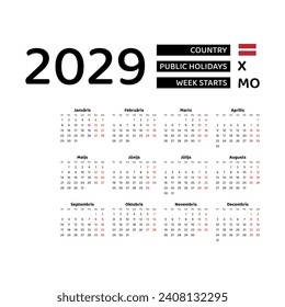 Calendar 2029 Latvian language with Latvia public holidays. Week starts from Monday. Graphic design vector illustration.