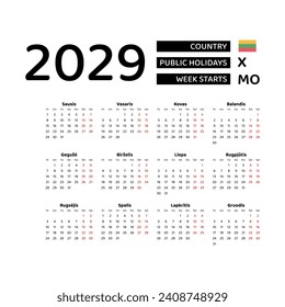 Calendar 2029 Lithuanian language with Lithuania public holidays. Week starts from Monday. Graphic design vector illustration.