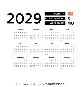 Calendar 2029 Macedonian language with Macedonia public holidays. Week starts from Monday. Graphic design vector illustration.