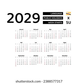 Calendar 2029 Malay language with Brunei Darussalam public holidays. Week starts from Sunday. Graphic design vector illustration.