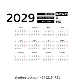 Calendar 2029 Norwegian language with Norway public holidays. Week starts from Monday. Graphic design vector illustration.
