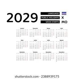 Calendar 2029 Portuguese language with Cape Verde public holidays. Week starts from Monday. Graphic design vector illustration.