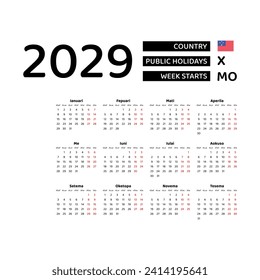 Calendar 2029 Samoan language with Samoa public holidays. Week starts from Monday. Graphic design vector illustration.