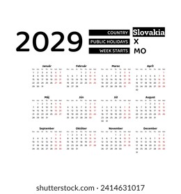 Calendar 2029 Slovak language with Slovakia public holidays. Week starts from Monday. Graphic design vector illustration.