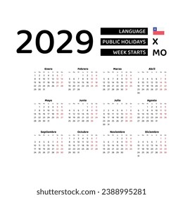 Calendar 2029 Spanish language with Chile public holidays. Week starts from Monday. Graphic design vector illustration.