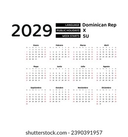 Calendar 2029 Spanish language with Dominican Republic public holidays. Week starts from Sunday. Graphic design vector illustration.