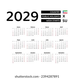 Calendar 2029 Spanish language with Equatorial Guinea public holidays. Week starts from Sunday. Graphic design vector illustration.