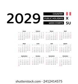 Calendar 2029 Spanish language with Peru public holidays. Week starts from Sunday. Graphic design vector illustration.