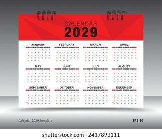 Calendar 2029 template, 12 months yearly calendar set in 2029 year, Desk calendar 2029 design, wall calendar, brochure flyer, print media, advertisement, Simple design, planner, poster, vector