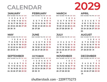 Plantilla Calendario 2029, Planner 2029 año, plantilla de calendario de pared, Semana Comienza Lunes, Conjunto de 12 calendarios, publicidad, impresión, organización